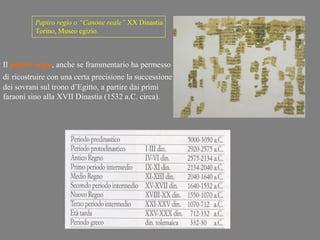 Papiro regio o “Canone reale” XX Dinastia
          Torino, Museo egizio.



Il papiro regio, anche se frammentario ha permesso
di ricostruire con una certa precisione la successione
dei sovrani sul trono d’Egitto, a partire dai primi
faraoni sino alla XVII Dinastia (1532 a.C. circa).
 