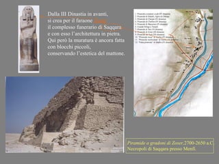 Dalla III Dinastia in avanti,
si crea per il faraone Zoser
il complesso funerario di Saqqara
e con esso l’architettura in pietra.
Qui però la muratura è ancora fatta
con blocchi piccoli,
conservando l’estetica del mattone.




                                       Piramide a gradoni di Zoser,2700-2650 a.C.
                                       Necropoli di Saqqara presso Menfi.
 