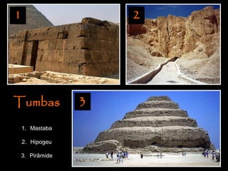 Tumbas
1. Mastaba
2. Hipogeu
3. Pirâmide
1 2
3
 
