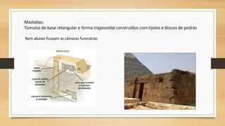 Mastabas:
Túmulos de base retangular e forma trapezoidal construídos com tijolos e blocos de pedras.
Bem abaixo ficavam as câmaras funerárias
 