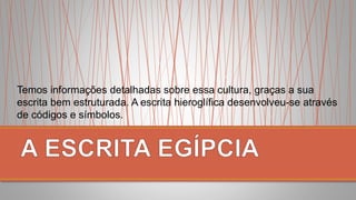 Temos informações detalhadas sobre essa cultura, graças a sua
escrita bem estruturada. A escrita hieroglífica desenvolveu-se através
de códigos e símbolos.
 