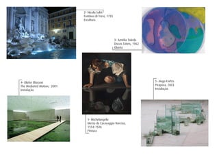 1- Michelangelo
Merisi da Caravaggio Narciso,
1594-1596
Pintura
2- Nicola Salvi
Fontana di Trevi, 1735
Escultura
3- Amélia Toledo
Discos Táteis, 1962
Objeto
5- Hugo Fortes
Pirapora, 2003
Instalação
4- Olafur Eliasson
The Mediated Motion, 2001
Instalação
 