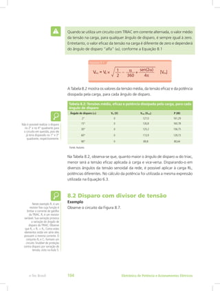 Quando se utiliza um circuito com TRIAC em corrente alternada, o valor médio
da tensão na carga, para qualquer ângulo de disparo, é sempre igual à zero.
Entretanto, o valor eficaz da tensão na carga é diferente de zero e dependerá
do ângulo de disparo “alfa” (α), conforme a Equação 8.1
A Tabela 8.2 mostra os valores da tensão média, da tensão eficaz e da potência
dissipada pela carga, para cada ângulo de disparo.
Tabela 8.2: Tensões média, eficaz e potência dissipada pela carga, para cada
ângulo de disparo
Ângulo de disparo (α) Vm (V) Vrms (Vrms) P (W)
2° 0 127,0 161,29
15° 0 126,8 160,78
30° 0 125,2 156,75
60° 0 113,9 129,73
90° 0 89,8 80,64
Fonte:Autores
Na Tabela 8.2, observa-se que, quanto maior o ângulo de disparo α do triac,
menor será a tensão eficaz aplicada à carga e vice-versa. Disparando-o em
diversos ângulos da tensão senoidal da rede, é possível aplicar à carga RL,
potências diferentes. No cálculo da potência foi utilizada a mesma expressão
utilizada na Equação 6.3.
8.2 Disparo com divisor de tensão
Exemplo
Observe o circuito da Figura 8.7.
Não é possível realizar o disparo
no 2° e no 4° quadrante para
o circuito em questão, pois ele
já teria disparado no 1° e 3°
quadrante, respectivamente.
Neste exemplo R1 é um
resistor fixo cuja função é
limitar a corrente de gatilho
do TRIAC. R2 é um resistor
variável. Sua variação provoca
a variação do ângulo de
disparo do TRIAC. Observe
que Rx = R1 + R2. Como estes
elementos estão em série eles
possuem a mesma corrente. O
conjunto R3 e C1 formam um
circuito Snubber de proteção
contra disparo por variação de
tensão, visto na Aula 5.
Eletrônica de Potência e Acionamentos Elétricose-Tec Brasil 104
 