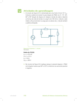 Atividades de aprendizagem
1.	 O circuito da Figura 8.13 é alimentado por uma fonte CA de 127 Vrms.
Calcule os valores do resistor RX para disparo do TRIAC em 2°, 15°, 30°,
60° e 90° (ângulo de disparo em relação à tensão da rede) e desenhe
as formas de onda da tensão na carga RL de 100 ohms. Calcule o valor
médio e eficaz da tensão na carga para os valores de α. Calcule também
a potência dissipada.
Figura 8.13: Exercício 1 – circuito
Fonte:Autores
Dados do TIC226
IGT(max) = 50 mA
VGT(tip) = 2,5 V
ITmax = 8 A
VRRM = 200 V
2.	 No circuito da Figura 8.9, explique porque é possível disparar o TRIAC
com ângulos maiores que 90° e 270° e simétricos nos semiciclos positivo
e negativo.
Eletrônica de Potência e Acionamentos Elétricose-Tec Brasil 110
 