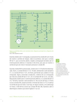 Figura 2.2: Partida direta com reversão lenta: diagrama principal (a) e diagrama de
comando (b)
Fonte: CTISM, adaptado dos autores
Estando a bobina de C1 energizada, ao pressionarmos o botão B2 com intuito
de inverter o sentido de rotação, nada irá acontecer, visto que o contato
NF de C1, que se encontra aberto, impede a energização da bobina de C2
(intertravamento elétrico). A reversão é dita lenta, pois para se inverter o
sentido de giro do motor é necessário pressionar o botão B0.
Quando o botão B0 for pressionado, a bobina de C1 é finalmente desenergi-
zada. Assim, o contato NA de C1 (13, 14) abre, desfazendo o selo da bobina
C1, e o contato NF de C1 (21, 22) fecha, permitindo que a bobina C2 seja
energizada. Agora, acionando o botão B2, a bobina de C2 é energizada
por meio do contato NF de C1 (21, 22). O contato NF de C2 (21, 22) abre,
bloqueando a bobina de C1 (intertravamento elétrico), e o contato NA de C2
(13, 14) fecha, fazendo o selo da bobina C2. No circuito de força, C2 fecha
os seus contatos NA, proporcionando a inversão das fases S e T e a mudança
no sentido de giro do motor. Caso haja, em algum instante, uma sobrecarga
no motor, o relé térmico aciona seu contato NF (95, 96), fazendo-o abrir e
desenergizar a bobina que estiver ligada (C1 ou C2).
Em algumas manobras,
onde existem 2 ou mais
contatores, para evitar
curtos deve-se impedir o
funcionamento simultâneo
destes contatores. Utiliza-se
assim o intertravamento por
meio de contatos NF. Neste caso
os contatos devem ficar antes
da alimentação da bobina dos
contatores.
e-Tec BrasilAula 2 - Métodos de partida de motores elétricos 35
 