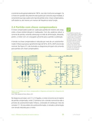 a corrente era de aproximadamente 190 %, isso não é nenhuma vantagem. Se
o motor em questão não preenche este quesito por conta da carga instalada, é
conveniente que seja usado outro tipo de partida como: chave compensadora,
soft-starter ou até mesmo um inversor de frequência nesta função.
2.4 Partida com chave compensadora
A chave compensadora pode ser usada para partida de motores sob carga,
onde a chave estrela-triângulo é inadequada. Com ela, podemos reduzir a
corrente de partida, evitando sobrecarga na rede de alimentação, deixando,
porém, o motor com um conjugado suficiente para a partida e aceleração.
A tensão na chave compensadora é reduzida por meio de um autotransfor-
mador trifásico que possui geralmente taps de 50 %, 65 % e 80 % da tensão
nominal. Na Figura 2.5, são ilustrados os diagramas principal e de comando
para partida com chave compensadora.
Figura 2.5: Partida com chave compensadora: diagrama principal (a) e diagrama de
comando (b)
Fonte: CTISM, adaptado de Pereira; Oliveira, 2010
No diagrama principal, com C1 e C3 ligados, o motor encontra-se em regime
de partida compensada, onde C3 alimenta com a tensão nominal da rede o
primário do autotransformador trifásico, conectado em estrela por meio do
contator C1. Do secundário do autotransformador, é retirada a alimentação
com tensão reduzida para o motor.
A finalidade da partida com
chave compensadora é idêntica
a da partida estrela-triângulo,
onde se reduz a corrente de
partida por meio da redução
da tensão aplicada ao motor.
Ressalta-se que na partida
com chave compensadora
existem mais de dois níveis
reduzidos de tensão aplicados
ao motor, ao contrário da
partida estrela-triângulo.
e-Tec BrasilAula 2 - Métodos de partida de motores elétricos 39
 