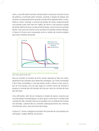 Assim, uma soft-starter controla a tensão sobre o motor por meio do circuito
de potência, constituído pelos tiristores, variando o ângulo de disparo dos
mesmos e consequentemente variando a tensão eficaz aplicada sobre o motor.
Pode-se, então, controlar a corrente de partida do motor, proporcionando
uma partida suave (soft start em inglês), de forma a não provocar quedas
de tensão elétrica bruscas na rede de alimentação, como ocorre em partidas
diretas, nem picos de corrente como acontece em partidas estrela-triângulo.
A Figura 2.6 ilustra uma comparação entre os valores de corrente exigidos
para esses métodos de partida.
Figura 2.6: Variação da corrente para diferentes métodos de partida
Fonte: CTISM, adaptado de WEG, 2006
Para se controlar as tensões de linha, tensão aplicada às fases do motor,
geralmente são utilizadas duas diferentes estratégias: (a) 3 fases controladas
e (b) 2 fases controladas e uma fase direta; sendo a última a mais comum,
por ser mais barata, uma vez que exige um número menor de tiristores e
propicia o controle das três tensões de linha por meio do controle de duas
das três fases.
Uma soft-starter, além de ser compacta e simples de operar, costuma usar
uma tecnologia chamada bypass, na qual, após o motor partir e receber toda
a tensão da rede, contatos internos em paralelo com os módulos de tiristores
são fechados, substituindo-os e evitando sobreaquecimento dos mesmos,
contribuindo, assim, para economia de energia.
A Figura 2.7 ilustra o diagrama principal e de comando de uma partida com
soft-starter, modelo 3RW30, da Siemens.
e-Tec BrasilAula 2 - Métodos de partida de motores elétricos 41
 