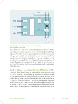 Figura 3.3: Blocos constituintes de um inversor de frequência
Fonte: CTISM, adaptado de Franchi, 2008
3.3.1 1º Bloco – Unidade Central de Processamento (CPU)
Formada por um microprocessador ou por um microcontrolador, é na CPU que
todas as informações (parâmetros e dados do sistema) estão armazenadas,
visto que uma memória está também integrada a esse conjunto. A CPU
não apenas armazena os dados e parâmetros relativos aos equipamentos,
como também executa a função mais vital para o funcionamento do inversor:
geração dos pulsos de disparo através de uma lógica de controle coerente
para os IGBT (transistores bipolares de porta isolada, do inglês Insulated Gate
Bipolar Transistor).
3.3.2 2º Bloco – Interface Homem Máquina (IHM)
É por meio desse dispositivo que se pode visualizar o que está ocorrendo
no inversor (display), e parametrizá-lo de acordo com a aplicação (teclas).
Por meio da IHM, podem-se visualizar diferentes grandezas do motor, como
tensão, corrente, frequência, e do próprio inversor como tensão do barramento
CC, alarmes, entre outras funções. É também possível visualizar e alterar o
sentido de giro, verificar e alterar o modo de operação (local ou remoto), ligar
ou desligar o inversor, variar a frequência e velocidade, alterar parâmetros e
outras funções. A Figura 3.4 ilustra a IHM padrão do inversor CFW08 da WEG.
e-Tec BrasilAula 3 - Inversores de frequência 49
 