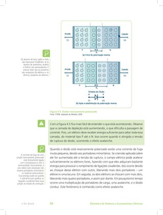 Figura 4.5: Diodo reversamente polarizado
Fonte: CTISM, adaptado de Almeida, 2009
Com a Figura 4.5 fica mais fácil de entender o que está acontecendo. Observe
que a camada de depleção está aumentando, o que dificulta a passagem de
corrente. Pois, um elétron deve receber energia suficiente para saltar toda essa
camada, do material tipo P até o N. Isso ocorre quando é atingida a tensão
de ruptura do diodo, ocorrendo o efeito avalanche.
Quando o diodo está reversamente polarizado existe uma corrente de fuga
muito pequena, devido aos portadores minoritários. Se a tensão aplicada sobre
ele for aumentada até a tensão de ruptura, o campo elétrico pode acelerar
suficientemente os elétrons livres, fazendo com que eles adquiram bastante
energia para provocar o rompimento de ligações covalentes. Isto ocorre devido
ao choque desse elétron com outro, liberando mais dois portadores – um
elétron e uma lacuna. Em seguida, os dois elétrons se chocam com mais dois,
liberando mais quatro portadores, e assim por diante. Em pouquíssimo tempo
ocorre uma multiplicação de portadores de carga, uma avalanche, e o diodo
conduz. Este fenômeno é conhecido como efeito avalanche.
Os átomos de boro, gálio e índio
são impurezas trivalentes. Já os
átomos de antimônio, arsênio
e fósforo são pentavalentes. É
comum dizer que os primeiros
são receptores de elétrons e, os
últimos, doadores de elétrons.
A corrente de fuga de uma
junção reversamente polarizada
está diretamente ligada
com a temperatura e com a
luminosidade.Teoricamente, a
zero kelvin (zero absoluto) não
haveria portadores minoritários
no material semicondutor.
Essa energia pode ser grande
o suficiente para quebrar as
ligações covalentes levar essa
junção ao estado de condução.
Eletrônica de Potência e Acionamentos Elétricose-Tec Brasil 64
 