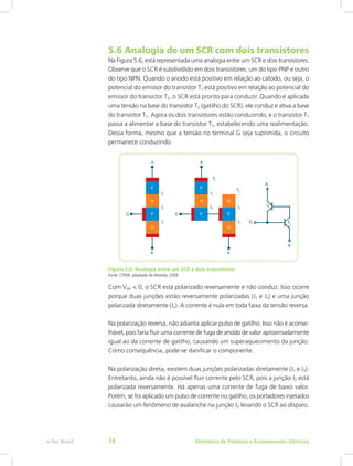 5.6 Analogia de um SCR com dois transistores
Na Figura 5.6, está representada uma analogia entre um SCR e dois transistores.
Observe que o SCR é subdividido em dois transistores: um do tipo PNP e outro
do tipo NPN. Quando o anodo está positivo em relação ao catodo, ou seja, o
potencial do emissor do transistor T1 está positivo em relação ao potencial do
emissor do transistor T2, o SCR está pronto para conduzir. Quando é aplicada
uma tensão na base do transistor T2 (gatilho do SCR), ele conduz e ativa a base
do transistor T1. Agora os dois transistores estão conduzindo, e o transistor T1
passa a alimentar a base do transistor T2, estabelecendo uma realimentação.
Dessa forma, mesmo que a tensão no terminal G seja suprimida, o circuito
permanece conduzindo.
Figura 5.6: Analogia entre um SCR e dois transistores
Fonte: CTISM, adaptado de Almeida, 2009
Com VAK < 0, o SCR está polarizado reversamente e não conduz. Isso ocorre
porque duas junções estão reversamente polarizadas (J1 e J3) e uma junção
polarizada diretamente (J2). A corrente é nula em toda faixa da tensão reversa.
Na polarização reversa, não adianta aplicar pulso de gatilho. Isso não é aconse-
lhável, pois faria fluir uma corrente de fuga de anodo de valor aproximadamente
igual ao da corrente de gatilho, causando um superaquecimento da junção.
Como consequência, pode-se danificar o componente.
Na polarização direta, existem duas junções polarizadas diretamente (J1 e J3).
Entretanto, ainda não é possível fluir corrente pelo SCR, pois a junção J2 está
polarizada reversamente. Há apenas uma corrente de fuga de baixo valor.
Porém, se foi aplicado um pulso de corrente no gatilho, os portadores injetados
causarão um fenômeno de avalanche na junção J2 levando o SCR ao disparo.
Eletrônica de Potência e Acionamentos Elétricose-Tec Brasil 74
 
