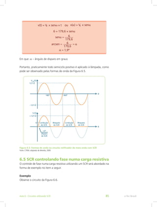 Em que: α – ângulo de disparo em graus
Portanto, praticamente todo semiciclo positivo é aplicado à lâmpada, como
pode ser observado pelas formas de onda da Figura 6.5.
Figura 6.5: Formas de onda no circuito retificador de meia onda com SCR
Fonte: CTISM, adaptado de Almeida, 2009
6.5 SCR controlando fase numa carga resistiva
O controle de fase numa carga resistiva utilizando um SCR será abordado na
forma de exemplo no item a seguir.
Exemplo
Observe o circuito da Figura 6.6.
e-Tec BrasilAula 6 - Circuitos utilizando SCR 85
 