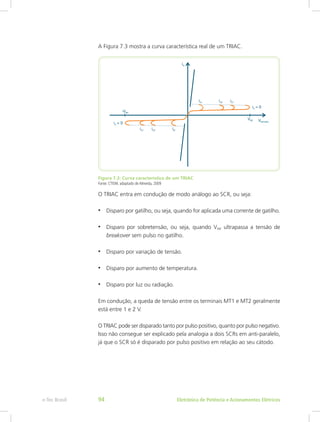 A Figura 7.3 mostra a curva característica real de um TRIAC.
Figura 7.3: Curva característica de um TRIAC
Fonte: CTISM, adaptado de Almeida, 2009
O TRIAC entra em condução de modo análogo ao SCR, ou seja:
•	 Disparo por gatilho, ou seja, quando for aplicada uma corrente de gatilho.
•	 Disparo por sobretensão, ou seja, quando VAK ultrapassa a tensão de
breakover sem pulso no gatilho.
•	 Disparo por variação de tensão.
•	 Disparo por aumento de temperatura.
•	 Disparo por luz ou radiação.
Em condução, a queda de tensão entre os terminais MT1 e MT2 geralmente
está entre 1 e 2 V.
O TRIAC pode ser disparado tanto por pulso positivo, quanto por pulso negativo.
Isso não consegue ser explicado pela analogia a dois SCRs em anti-paralelo,
já que o SCR só é disparado por pulso positivo em relação ao seu cátodo.
Eletrônica de Potência e Acionamentos Elétricose-Tec Brasil 94
 