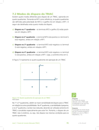 7.2 Modos de disparo do TRIAC
Existem quatro modos diferentes para disparo de um TRIAC, operando em
quatro quadrantes. Tomando-se MT1 como referência, os quatro quadrantes
são definidos pela polaridade de MT2 e o gatilho (G) em relação a MT1. A
seguir são detalhados estes quatro modos de disparo.
a)	 Disparo no 1° quadrante – os terminais MT2 e gatilho (G) estão positi-
vos em relação a MT1.
b)	 Disparo no 2° quadrante – o terminal MT2 está positivo e o terminal G
está negativo, ambos em relação a MT1.
c)	 Disparo no 3° quadrante – o terminal MT2 está negativo e o terminal
G está negativo, ambos em relação a MT1.
d)	 Disparo no 4° quadrante – o terminal MT2 está negativo e o terminal
G está positivo, ambos em relação a MT1. Logo, a corrente entra em G.
A Figura 7.4 apresenta os quatro quadrantes de operação de um TRIAC
Figura 7.4: Quatro quadrantes de operação de um TRIAC
Fonte:Autores
No 1° e 3° quadrantes, obtêm-se maior sensibilidade de disparo para o TRIAC
em relação às outras possibilidades. No 4° quadrante, a sensibilidade é pequena;
e no 2° quadrante, é ainda mais reduzida, devendo ser utilizada somente em
TRIACs concebidos especialmente para este fim. Portanto, o disparo de um
TRIAC não é simétrico, ou seja, não dispara nas mesmas condições para os
quatro quadrantes.
Pergunta
Em circuitos de corrente
alternada, como o TRIAC pode
ser bloqueado se ele nunca fica
reversamente polarizado?
Resposta
Na passagem do sinal de tensão
por zero a corrente principal (IA)
também cai a zero e o TRIAC é
bloqueado (IA < IH).
e-Tec BrasilAula 7 - Triodo de Corrente Alternada (TRIAC) 95
 