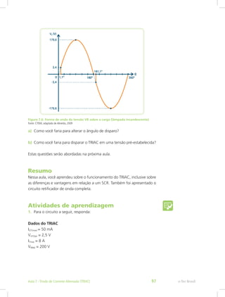 Figura 7.6: Forma de onda da tensão VR sobre a carga (lâmpada incandescente)
Fonte: CTISM, adaptado de Almeida, 2009
a)	 Como você faria para alterar o ângulo de disparo?
b)	 Como você faria para disparar o TRIAC em uma tensão pré-estabelecida?
Estas questões serão abordadas na próxima aula.
Resumo
Nessa aula, você aprendeu sobre o funcionamento do TRIAC, inclusive sobre
as diferenças e vantagens em relação a um SCR. Também foi apresentado o
circuito retificador de onda completa.
Atividades de aprendizagem
1.	 Para o circuito a seguir, responda:
Dados do TRIAC
IGT(max) = 50 mA
VGT(tip) = 2,5 V
ITmax = 8 A
VRRM = 200 V
e-Tec BrasilAula 7 - Triodo de Corrente Alternada (TRIAC) 97
 