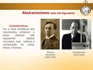 Abstracionismo (arte não figurativa)
Características:
Foi o mais duradouro dos
movimentos artísticos: o
pintor abstrato não
representa objetos
concretos, mas valoriza a
combinação de cores,
linhas e formas.
Wassily
Kandinsky
(1866-1944)
Piet Mondrian
(1872-1944)
 