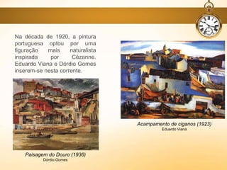 Na década de 1920, a pintura
portuguesa optou por uma
figuração mais naturalista
inspirada por Cézanne.
Eduardo Viana e Dórdio Gomes
inserem-se nesta corrente.
Acampamento de ciganos (1923)
Eduardo Viana
Paisagem do Douro (1936)
Dórdio Gomes
 