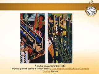 A partida dos emigrantes, 1948,
Tríptico (painéis central e lateral direito), Gare Marítima da Rocha do Conde de
Óbidos, Lisboa
 