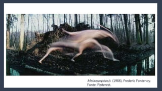  Então não se pode mais, em
nenhum desses exemplos, dizer
que os artistas estão operando
dentro das possibilidades
propagadas. Eles estão, na
verdade, ultrapassando os limites
das máquinas semióticas e
reinventando radicalmente os
seus programas e suas
finalidades.
Metamorphosis (1988), Frederic Fontenoy.
Fonte: Pinterest.
 