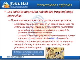 Innovaciones egipcias
• Los egipcios aportaron novedades trascendentes,
entre ellas:
– Una nueva concepción del espacio y la composición.
• Las imágenes eran encerradas en un espacio geométrico y la
ordenación espacial seguía los ejes verticales y horizontales.
– La agricultura de regadío había revelado la necesidad de la
geometría para la medición de la tierra.
– Así como el agricultor definió, midió y repartió el espacio, el pintor
estructuró el espacio con un criterio ortogonal muy preciso.
• En cuanto a la composición, se acentuó el uso de la simetría
bilateral, el ritmo, la alternancia y la repetición, también
productos de la vida agraria.
Detalle de pintura egipcia con una
escena agrícola
 