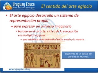 El sentido del arte egipcio
• El arte egipcio desarrolla un sistema de
representación propio
– para expresar un universo imaginario
• basado en el carácter cíclico de la concepción
cosmológica egipcia
– que establece una continuidad entre la vida y la muerte.
Segmento de un pasaje del
Libro de los Muertos.
 