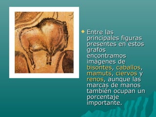  Entre lasEntre las
principales figurasprincipales figuras
presentes en estospresentes en estos
grafosgrafos
encontramosencontramos
imágenes deimágenes de
bisontesbisontes,, caballoscaballos,,
mamutsmamuts,, ciervosciervos yy
renosrenos, aunque las, aunque las
marcas de manosmarcas de manos
también ocupan untambién ocupan un
porcentajeporcentaje
importante.importante.
 