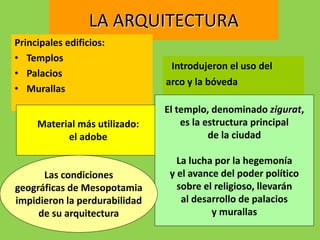 LA ARQUITECTURA
Principales edificios:
• Templos
• Palacios
• Murallas
Introdujeron el uso del
arco y la bóveda
Material más utilizado:
el adobe
El templo, denominado zigurat,
es la estructura principal
de la ciudad
La lucha por la hegemonía
y el avance del poder político
sobre el religioso, llevarán
al desarrollo de palacios
y murallas
Las condiciones
geográficas de Mesopotamia
impidieron la perdurabilidad
de su arquitectura
 