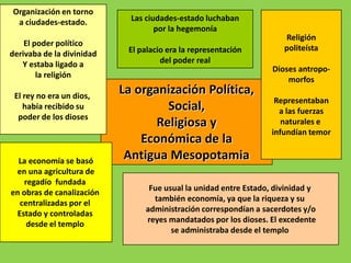 Organización en torno
 a ciudades-estado.          Las ciudades-estado luchaban
                                    por la hegemonía
                                                                     Religión
    El poder político
                            El palacio era la representación         politeísta
derivaba de la divinidad
   Y estaba ligado a                 del poder real
                                                                  Dioses antropo-
        la religión
                                                                      morfos
 El rey no era un dios,
                           La organización Política,
                                                                   Representaban
    había recibido su               Social,                         a las fuerzas
  poder de los dioses
                                  Religiosa y                        naturales e
                                                                  infundían temor
                               Económica de la
  La economía se basó
                            Antigua Mesopotamia
 en una agricultura de
    regadío fundada
                                 Fue usual la unidad entre Estado, divinidad y
en obras de canalización
                                  también economía, ya que la riqueza y su
  centralizadas por el
                                administración correspondían a sacerdotes y/o
 Estado y controladas
                                reyes mandatados por los dioses. El excedente
     desde el templo
                                       se administraba desde el templo
 