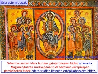 Espresio moduak

Apostoluen frontala. Urgell
Sakontasunaren ideia buruen gainjartzearen bidez adierazia.
Mugimenduaren irudikapena irudi berdinen errepikapen
paraleloaren bidez edota irudien keinuen errepikapenaren bidez.

 