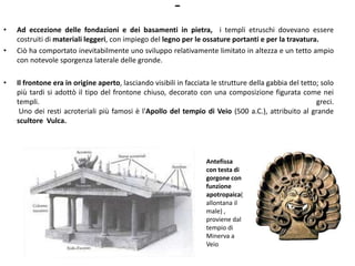 -
• Ad eccezione delle fondazioni e dei basamenti in pietra, i templi etruschi dovevano essere
costruiti di materiali leggeri, con impiego del legno per le ossature portanti e per la travatura.
• Ciò ha comportato inevitabilmente uno sviluppo relativamente limitato in altezza e un tetto ampio
con notevole sporgenza laterale delle gronde.
• Il frontone era in origine aperto, lasciando visibili in facciata le strutture della gabbia del tetto; solo
più tardi si adottò il tipo del frontone chiuso, decorato con una composizione figurata come nei
templi. greci.
Uno dei resti acroteriali più famosi è l'Apollo del tempio di Veio (500 a.C.), attribuito al grande
scultore Vulca.
Antefissa
con testa di
gorgone con
funzione
apotropaica(
allontana il
male) ,
proviene dal
tempio di
Minerva a
Veio
 
