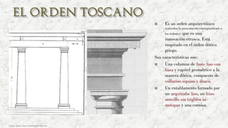  Es un orden arquitectónico
(consultar la presentación correspondiente a
los órdenes) que es una
innovación etrusca. Está
inspirado en el orden dórico
griego.
Sus características son:
 Una columna de fuste liso con
basa y capitel geométrico a la
manera dórica, compuesto de
collarino equino y ábaco.
 Un entablamento formado por
un arquitrabe liso, un friso
sencillo sin triglifos ni
metopas y una cornisa.
Carmen Águila, https://hortushesperidum.com
 