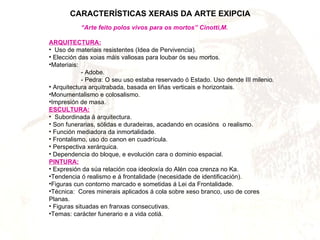 CARACTERÍSTICAS XERAIS DA ARTE EXIPCIA “ Arte feito polos vivos para os mortos” Cinotti,M. ARQUITECTURA: Uso de materiais resistentes (Idea de Pervivencia). Elección das xoias máis valiosas para loubar ós seu mortos. Materiais: - Adobe. - Pedra: O seu uso estaba reservado ó Estado. Uso dende III milenio. Arquitectura arquitrabada, basada en liñas verticais e horizontais. Monumentalismo e colosalismo. Impresión de masa. ESCULTURA: Subordinada á arquitectura. Son funerarias, sólidas e duradeiras, acadando en ocasións  o realismo. Función mediadora da inmortalidade. Frontalismo, uso do canon en cuadrícula. Perspectiva xerárquica. Dependencia do bloque, e evolución cara o dominio espacial. PINTURA: Expresión da súa relación coa ideoloxía do Alén coa crenza no Ka. Tendencia ó realismo e á frontalidade (necesidade de identificación). Figuras cun contorno marcado e sometidas á Lei da Frontalidade. Técnica:  Cores minerais aplicados á cola sobre xeso branco, uso de cores  Planas. Figuras situadas en franxas consecutivas. Temas: carácter funerario e a vida cotiá. 