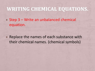 + Step 3 – Write an unbalanced chemical 
equation. 
+ Replace the names of each substance with 
their chemical names. (chemical symbols) 
 