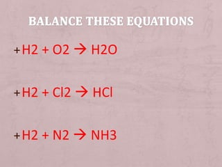 +H2 + O2  H2O 
+H2 + Cl2  HCl 
+H2 + N2  NH3 
 