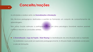 Conceito/noções
As atividades a realizar serão de Dramatização e Simulação
São técnicas pedagógicas destinadas a suscitar no Formando um conjunto de comportamentos de
aprendizagem.
Têm como função estimular a participação; criar um clima psicológico favorável; resolver possíveis
conflitos e resumir as conclusões obtidas.
 A Dramatização /Jogo de Papéis / Role Playing é a teatralização de uma situação real ou inspirada
na realidade e que pode ser explorada pedagogicamente; é útil para trazer a realidade social para
a sala de formação.
4
Cristina Cadete
 