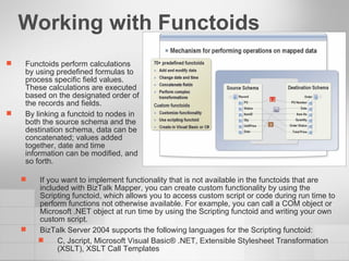 Working with Functoids Functoids perform calculations by using predefined formulas to process specific field values. These calculations are executed based on the designated order of the records and fields. By linking a functoid to nodes in both the source schema and the destination schema, data can be concatenated; values added together, date and time information can be modified, and so forth. If you want to implement functionality that is not available in the functoids that are included with BizTalk Mapper, you can create custom functionality by using the Scripting functoid, which allows you to access custom script or code during run time to perform functions not otherwise available. For example, you can call a COM object or Microsoft .NET object at run time by using the Scripting functoid and writing your own custom script. BizTalk Server 2004 supports the following languages for the Scripting functoid: C, Jscript, Microsoft Visual Basic® .NET, Extensible Stylesheet Transformation (XSLT), XSLT Call Templates 