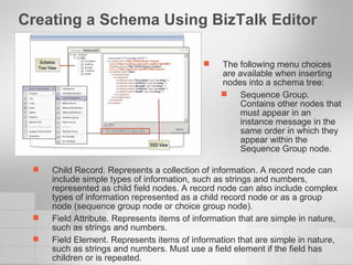 Creating a Schema Using BizTalk Editor Child Record. Represents a collection of information. A record node can include simple types of information, such as strings and numbers, represented as child field nodes. A record node can also include complex types of information represented as a child record node or as a group node (sequence group node or choice group node).  Field Attribute. Represents items of information that are simple in nature, such as strings and numbers. Field Element. Represents items of information that are simple in nature, such as strings and numbers. Must use a field element if the field has children or is repeated. The following menu choices are available when inserting nodes into a schema tree: Sequence Group. Contains other nodes that must appear in an instance message in the same order in which they appear within the Sequence Group node. 