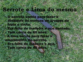 Serrote e Lima do mesmo
• O serrote servia para fazer o
desbaste de troncos de árvores de
fruta e vinha.
• Era feito de madeira e aço dentado.
• Tem cerca de 40 anos.
A lima servia para fazer o
amolamento do serrote.
• Era feito de madeira e aço.
• Tem cerca de 40 anos.
 