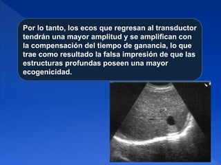 Por lo tanto, los ecos que regresan al transductor
tendrán una mayor amplitud y se amplifican con
la compensación del tiempo de ganancia, lo que
trae como resultado la falsa impresión de que las
estructuras profundas poseen una mayor
ecogenicidad.
 