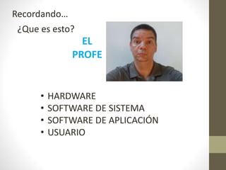 Recordando…
¿Que es esto?
• HARDWARE
• SOFTWARE DE SISTEMA
• SOFTWARE DE APLICACIÓN
• USUARIO
 