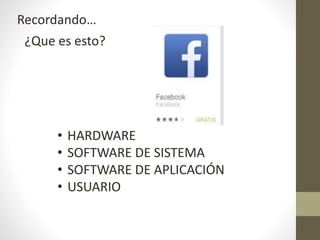 Recordando…
¿Que es esto?
• HARDWARE
• SOFTWARE DE SISTEMA
• SOFTWARE DE APLICACIÓN
• USUARIO
 