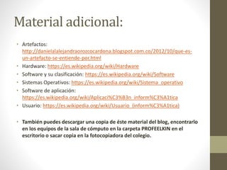 Material adicional:
• Artefactos:
http://danielalalejandraorozcocardona.blogspot.com.co/2012/10/que-es-
un-artefacto-se-entiende-por.html
• Hardware: https://es.wikipedia.org/wiki/Hardware
• Software y su clasificación: https://es.wikipedia.org/wiki/Software
• Sistemas Operativos: https://es.wikipedia.org/wiki/Sistema_operativo
• Software de aplicación:
https://es.wikipedia.org/wiki/Aplicaci%C3%B3n_inform%C3%A1tica
• Usuario: https://es.wikipedia.org/wiki/Usuario_(inform%C3%A1tica)
• También puedes descargar una copia de éste material del blog, encontrarlo
en los equipos de la sala de cómputo en la carpeta PROFEELKIN en el
escritorio o sacar copia en la fotocopiadora del colegio.
 