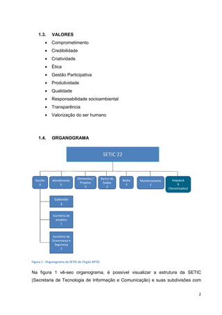 1.3.

VALORES

•

Comprometimento

•

Credibilidade

•

Criatividade

•

Ética

•

Gestão Participativa

•

Produtividade

•

Qualidade

•

Responsabilidade socioambiental

•

Transparência

•

Valorização do ser humano

1.4.

ORGANOGRAMA

Figura 1 - Organograma da SETIC do Órgão XPTO.

Na figura 1 vê-seo organograma, é possível visualizar a estrutura da SETIC
(Secretaria de Tecnologia de Informação e Comunicação) e suas subdivisões com
2

 