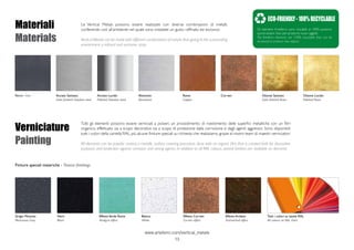 www.arteferro.com/vertical_metals
13
Le Vertical Metals possono essere realizzate con diverse combinazioni di metalli,
conferendo così all’ambiente nel quale sono installate un gusto raffinato ed esclusivo
Vertical Metals can be made with different combinations of metals,thus giving to the surrounding
environment a refined and exclusive taste.
Gli elementi Arteferro sono riciclabili al 100%: possono
quindi essere rifusi per produrre nuovi oggetti.
The Arteferro elements are 100% recyclable: they can be
recovered to produce new objects.
ECO-FRIENDLY-100%RECYCLABLE
Materiali
Materials
Acciaio Lucido
Polished Stainless steel
Alluminio
Aluminium
Ottone Satinato
Satin finished Brass
Cor-ten Ottone Lucido
Polished Brass
Rame
Copper
Ferro - Iron Acciaio Satinato
Satin finished Stainless steel
Tutti gli elementi possono essere verniciati a polveri, un procedimento di rivestimento delle superfici metalliche con un film
organico, effettuato sia a scopo decorativo sia a scopo di protezione dalla corrosione e dagli agenti aggressivi. Sono disponibili
tutti i colori della cartella RAL, più alcune finiture speciali su richiesta che realizziamo grazie al nostro team di maestri verniciatori.
All elements can be powder coated, a metallic surface covering procedure done with an organic film; that is created both for decorative
purposes and protection against corrosion and strong agents. In addition to all RAL colours, several finishes are available on demand.
Finiture speciali materiche - Texture finishings
Verniciature
Painting
Tutti i colori su tavola RAL
All colours on RAL chart
Bianco
White
Effetto Acidato
Acid-etched effect
Effetto Cor-ten
Cor-ten effect
EffettoVerde Rame
Verdigris effect
Grigio Micaceo
Micaceous Grey
Nero
Black
 