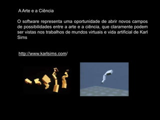 A Arte e a Ciência
O software representa uma oportunidade de abrir novos campos
de possibilidades entre a arte e a ciência, que claramente podem
ser vistas nos trabalhos de mundos virtuais e vida artificial de Karl
Sims
http://www.karlsims.com/
 