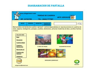 DIAGRAMACION DE PANTALLA

             www.artegeroscri.com
                                          TIENDAS DE CUADROS
                                                                           ARTE GEROSCRI
              RIF: 247523789               TEL: (0424) 7777907

              INICIO          DISEÑOS   REGISTRO      BUZON DE
                                                      SERVICIOS

Bienvenidos a la tienda de cuadros “geroscri”, somos especialistas en reproducciones en cuadros de
aves, pájaros, bodegones, paisajes, pueblos, abstractos, pinturas modernas al oleo y acrílico hechas
a mano.

     ENLACES WEB

     Bizel

     Decoannia

     Cuadros blagar

     Cuadros y
     lienzos.com                          EL ARTE DEL PAISAJE                   GUACAMAYAS EN OLEO

     Barceruelo art

     Cuadros arte
     famosos

     Artelámina


                                                        BODEGONES COMERCIALES


                                                                                                     SIGUIENTE
   artegeroscri@hotmail.com
 