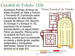 Catedral de Toledo. 1226 Arzobispo Rodrigo Jiménez de Rada formado en Italia y Francia y Fernando III. Construida sobre la mezquita. En ella están las tumbas de Alfonso VIII, Sancho III, Enrique II y Enrique III. Su arquitecto fue el maestro francés Martín y le siguió Pedro Pérez ya español. Planta como la catedral de París con 5 naves, crucero que no sobresale en planta y doble girola, capillas poligonales y triangulares alternadas. Desde el crucero se terminó en el siglo XIV Gótico 