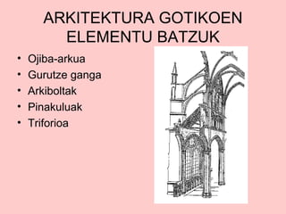 ARKITEKTURA GOTIKOEN
ELEMENTU BATZUK
•
•
•
•
•

Ojiba-arkua
Gurutze ganga
Arkiboltak
Pinakuluak
Triforioa

 