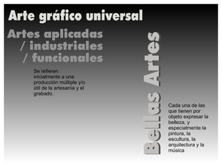 Cada una de las que tienen por objeto expresar la belleza, y especialmente la pintura, la escultura, la arquitectura y la música Se refieren inicialmente a una producción múltiple y/o útil de la artesanía y el grabado. 