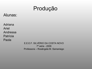 Produção Alunas: Adriana Ariel Andressa Patrícia Paola E.E.E.F. SILVÉRIO DA COSTA NOVO 7ª série - 2009 Professora – Rosângela M. Samaniego 