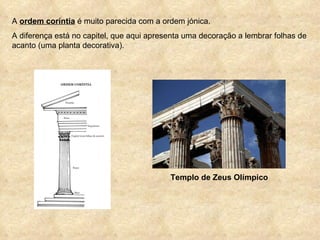 A  ordem coríntia  é muito parecida com a ordem jónica. A diferença está no capitel, que aqui apresenta uma decoração a lembrar folhas de acanto (uma planta decorativa). Templo de Zeus Olímpico 